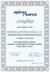 Certyfikat uprawniający do bezpośredniego zakupu, montażu, uruchamiania i obsługi urządzeń Spirax Sarco
